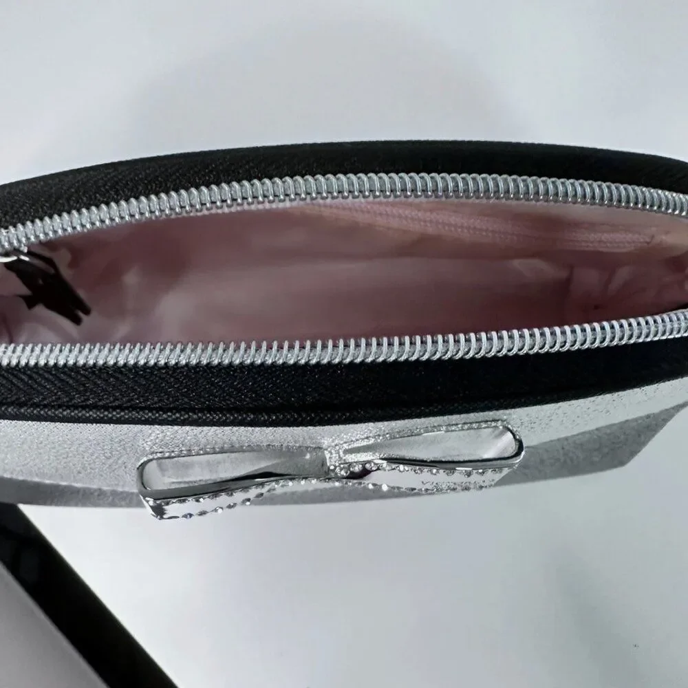 VICTORIA'S SECRET Two-Tone Silver makeup Beauty‎ Bag w/ Silver Bow zip close.